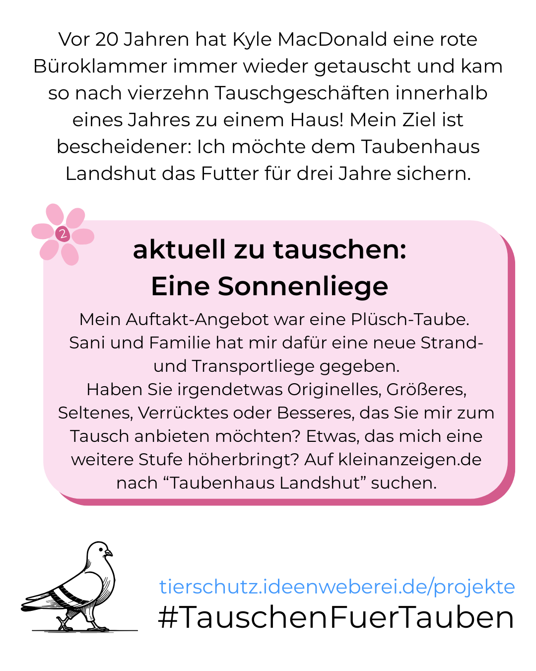 Eine Grafik mit folgendem Text: Vor 20 Jahren hat Kyle MacDonald eine rote Büroklammer immer wieder getauscht und kam so nach vierzehn Tauschgeschäften innerhalb eines Jahres zu einem Haus! Mein Ziel ist bescheidener: Ich möchte dem Taubenhaus Landshut das Futter für drei Jahre sichern. Dann folgt ein rosafarbener Kasten mit einer dunkelrosa Blüte in der linken oberen Ecke. In der Mitte der Blüte ist eine 2 zu sehen, weil es die zweite Tauschrunde ist. Die Überschrift im Kasten lautet "aktuell zu tauschen: Eine Sonnenliege" gefolgt von Text in kleinerer Schrift: Mein Auftakt-Angebot war eine Plüsch-Taube. Sani und Familie hat mir dafür eine neue Strand- und Transportliege gegeben. Haben Sie irgendetwas Originelles, Größeres, Seltenes, Verrücktes oder Besseres, das Sie mir zum Tausch anbieten möchten? Etwas, das mich eine weitere Stufe höherbringt? Auf kleinanzeigen.de nach “Taubenhaus Landshut” suchen. Darunter, dann wieder auf weißem Grund links in der Ecke eine schwarz weiße Taube von der Seite, die nach rechts geht. Daneben steht meine Webadresse tierschutz.ideenweberei.de/projekte und darunter der Hashtag "Tauschen für Tauben". 