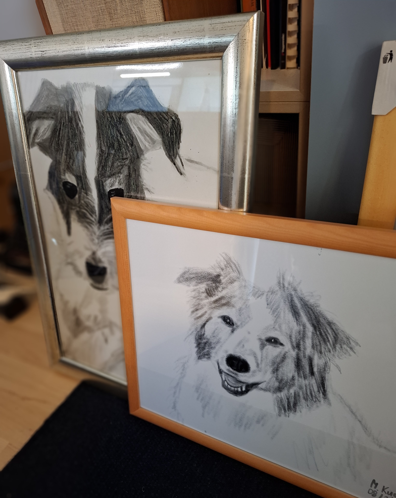 Zwei gerahmte Bleistiftzeichnungen von Hunden, eine mit silbernem Rahmen, die andere mit hellbraunem Rahmen.