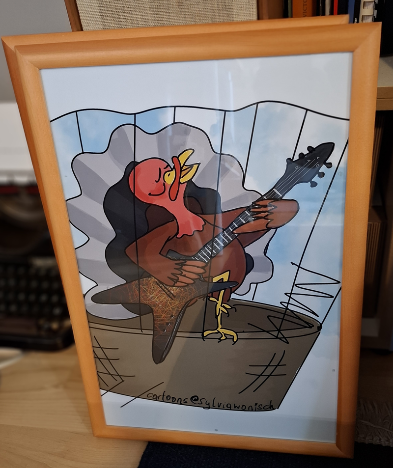 Cartoon eines Truthahns, der eine Rockgitarre spielt. Er hat die Augen geschlossen und den Kopf nach oben gerichtet.